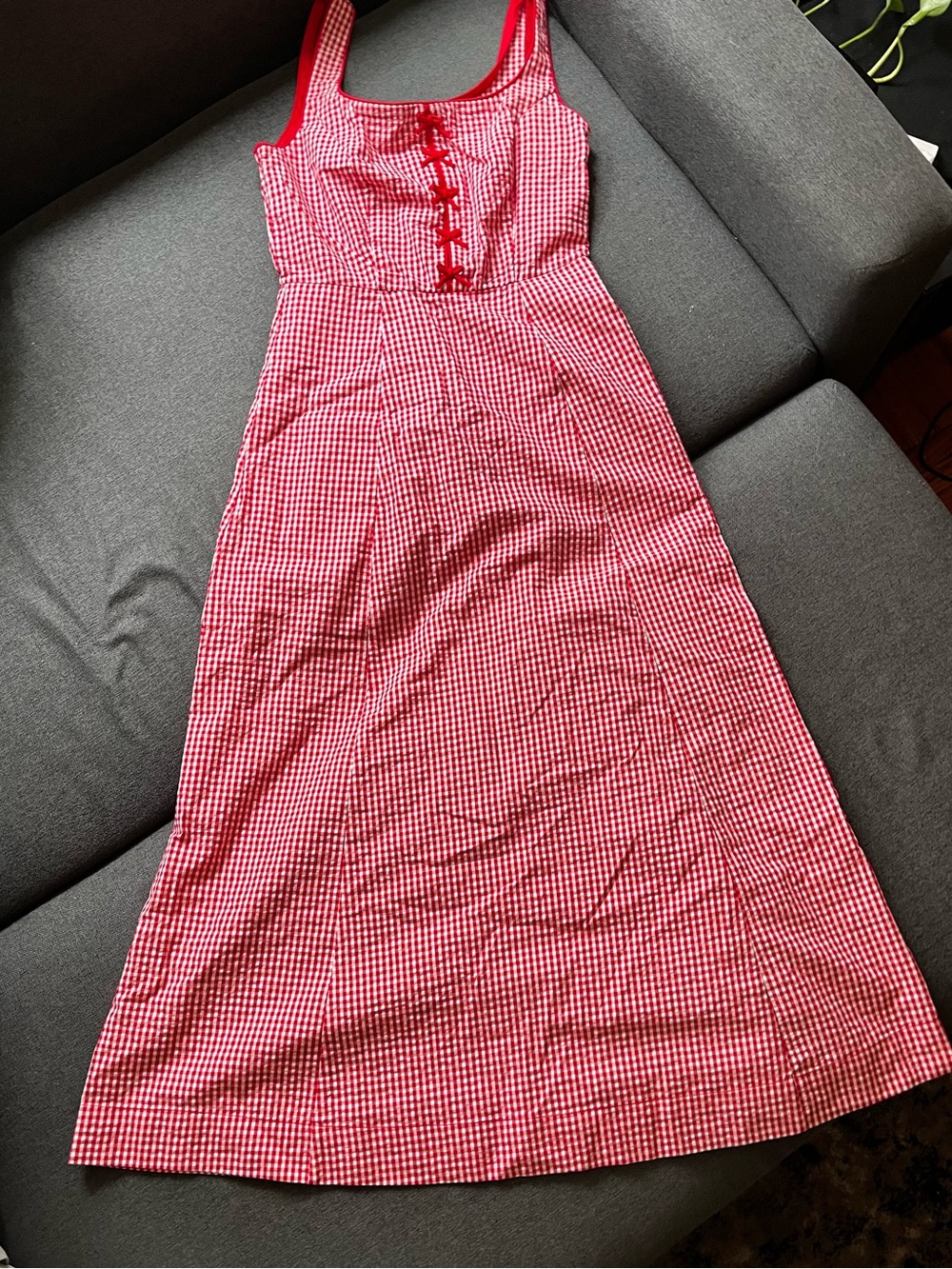 Rachel Zoe Red White Gingham Midi Dress 2 Cotton Bow Front Pockets Cottagecore